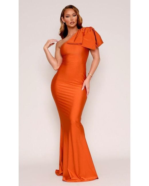Moda Glam Orange Jersey One-Shoulder Bow Gown- Burnt