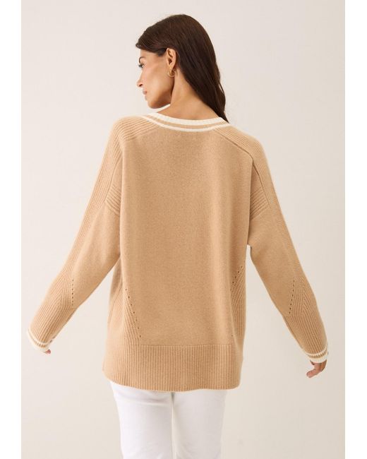 Loop Cashmere Natural Neutrals Striped Tipped V Neck Lofty Cardigan