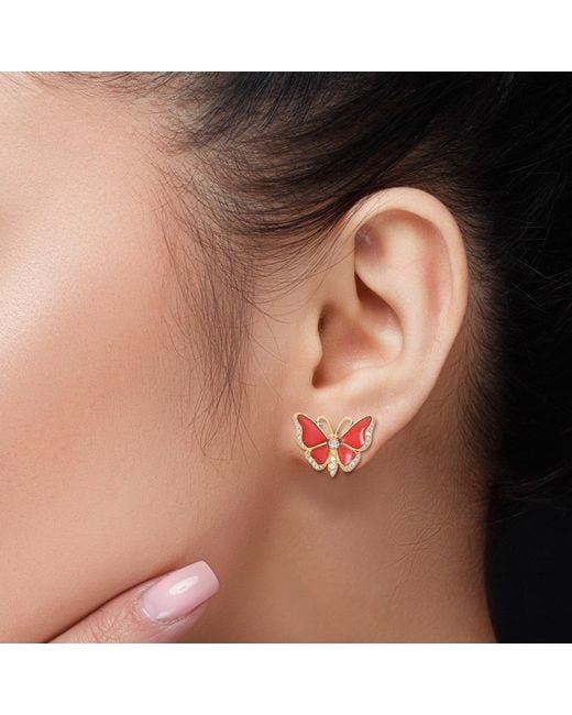 Artisan Red 18K With Natural Diamond Butterfly Design Enamel Stud Earrings