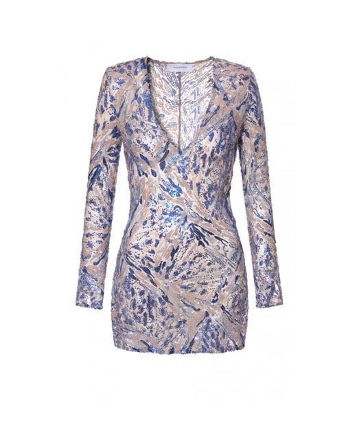 AGGI by HALEWSKI Blue Aira Mix Sparkle Sequin Mini Dress With Long Sleeve