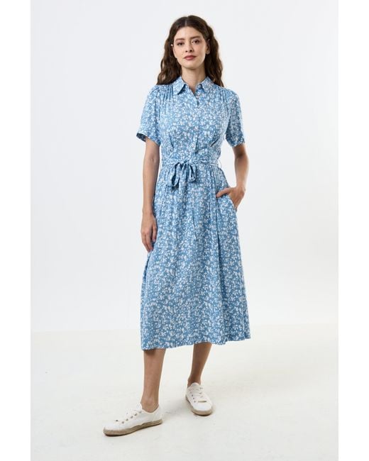 Louche Blue Inesa Negative Floral Print Short Sleeve Midi Shirt Dress