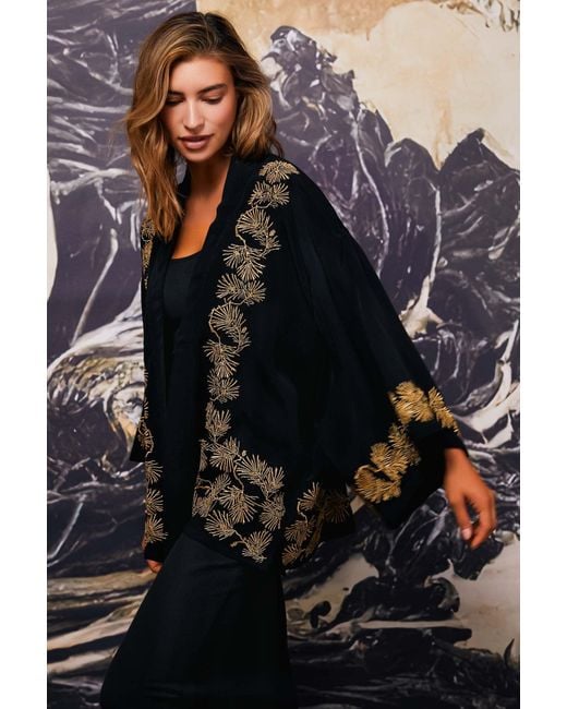 Artemis Muse Black Japanese Pine Needle Embroidered & Fully Lined Short Kimono