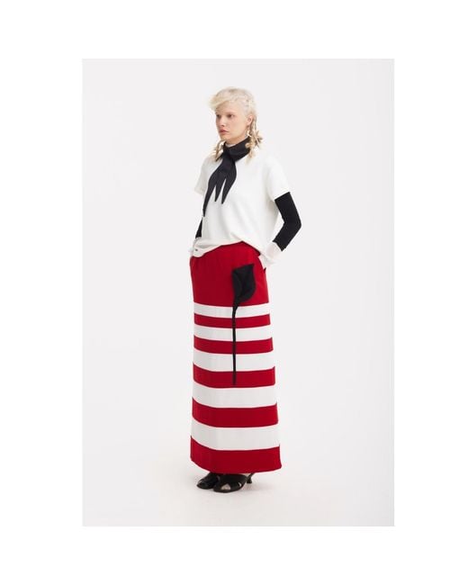 Julia Allert Red Contemporary Striped A-Line Skirt, Floral Detail–