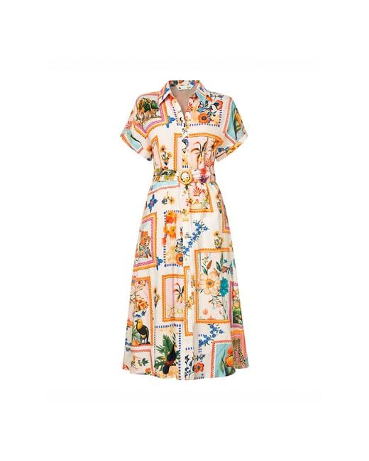 Yumi' Metallic Neutrals Ivory Tropical Postcard Print Relaxed Midi Shirt Dress