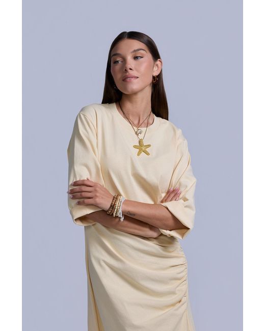 Rave on Trend Yellow Ruched Cotton T-Shirt Dress