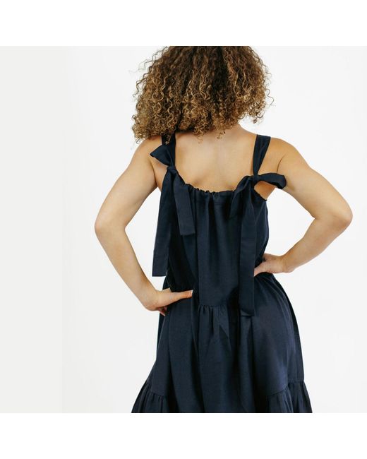 Zenzee Blue Cotton Linen Gathered Strap Tiered Dress
