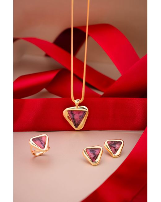 Purplee Store Pink Premium Plated Statement Earrings With Genuine Rhodonite