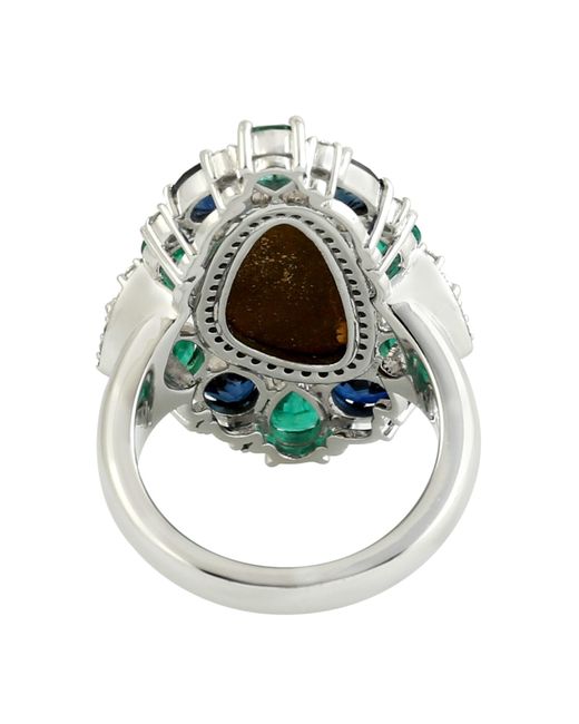Artisan Green Opal Doublet & Pear Cut Emerald With Oval Blue Sapphire Pave Diamond In 18k White Gold Cocktail Ring