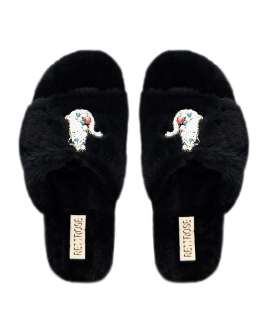 Rettrose Black Alexandra Luxury Plush Diamanté Embellished Handmade Slipper