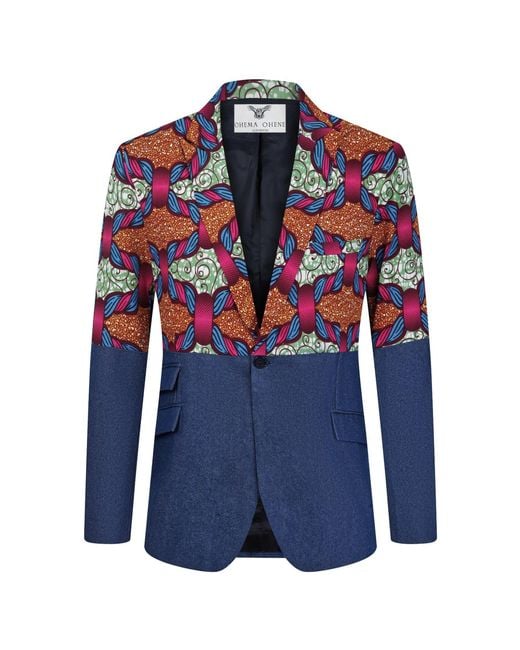 Ohema Ohene Blue Denim & African Print Cotton Blazer – Split Panel for men