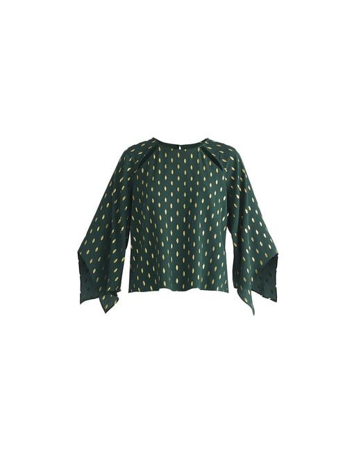 Paisie Green Foil Print Cut-Out Draped Sleeve Top