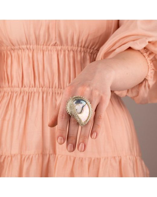 Oana Savu White Beaded Nautilus Seashell Shell Ring Adjustable Sterling