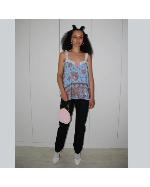 Couture to Your Door Blue Upcycled Babydoll Top With Lace