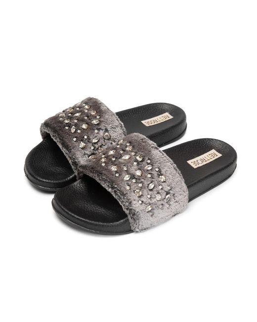 Rettrose Black Sienna Luxury Plush Diamanté Embellished Handmade Sliders