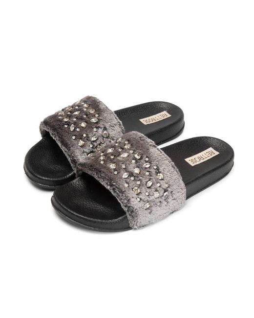 Rettrose Black Sienna Luxury Plush Diamanté Embellished Handmade Sliders