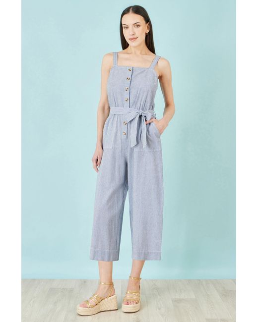 Yumi' Blue Cotton Stripe Button Through Jumpsuit