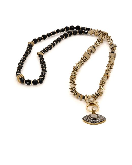 Ebru Jewelry Metallic Pave Diamond & Gold Evil Eye Pendant Hematite Stone Beaded Necklace