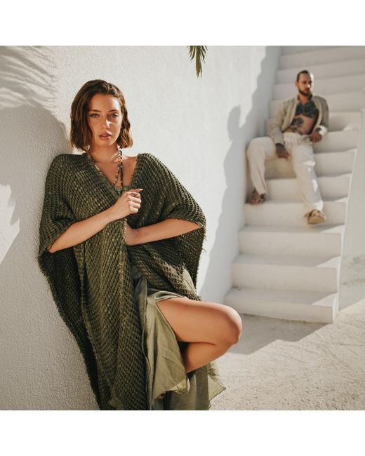 Zhenabia Green Neutrals Waffle Poncho Khaki