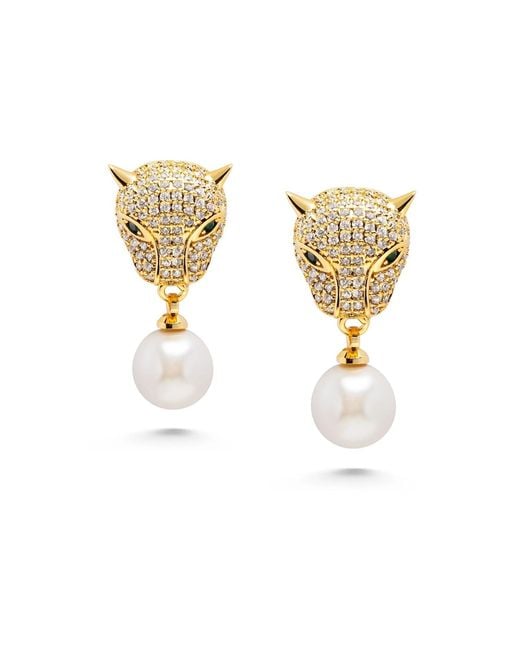 Nialaya Metallic Panther Earring With Pearl Drop