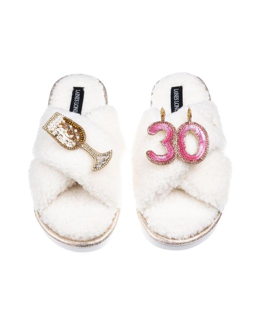 Laines London White Neutrals Laines Neutral Boucle Slippers With 30Th Birthday & Champers Brooches