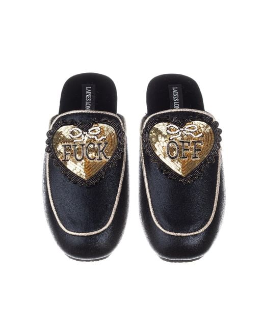 Laines London Black Classic Mules With & Fuck Off Hearts Brooches