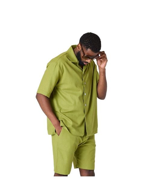 DAVID WEJ Green Kingston Linen Blend Shirt And Short Set for men