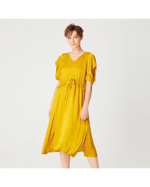 Smart and Joy Yellow V-Neckline Midi Dress With Drawstring Belt