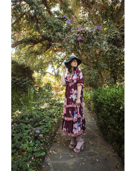 Jennafer Grace Red Plum Rose Velvet Ruffle Maxi Dress
