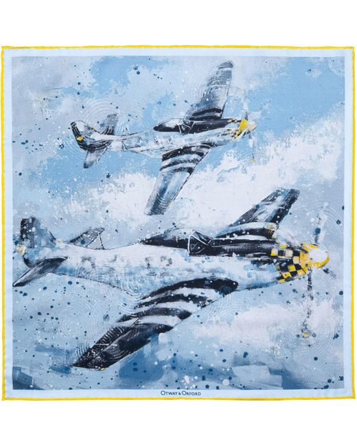 Otway & Orford Blue 'American Patrol' Fighter Aircraft Silk Pocket Square. Full-Size for men