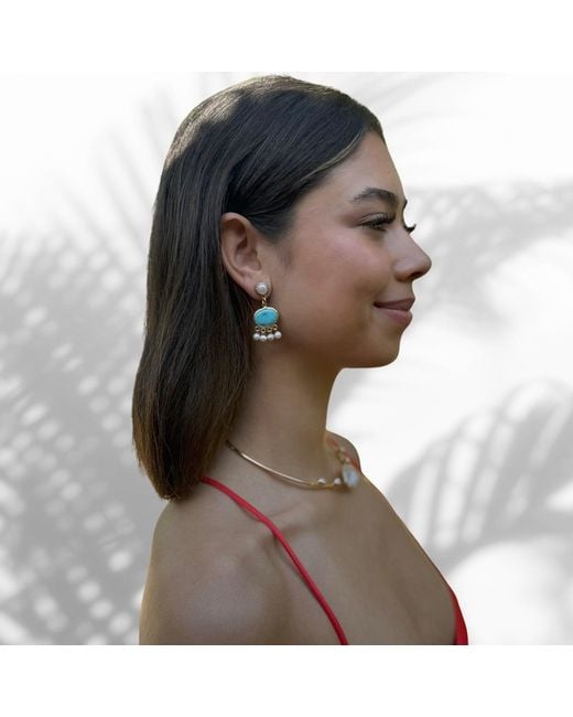 Ebru Jewelry Blue Cleopatra Pearl & Turquoise Stone Tassel Earrings