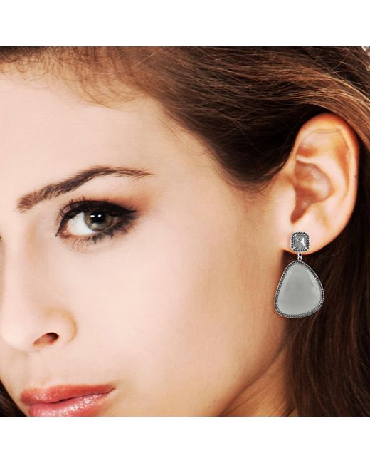 Artisan Gray 18k White Gold In Prong Black Diamond & Moonstone Gemstone Dangle Earrings