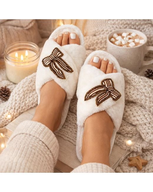 Laines London Multicolor Neutrals Classic Laines Slippers With & Pearl Beaded Stripe Bow Brooches