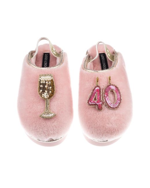 Laines London Pink Flatform Cloud Closed Toe Slippers With 40Th Birthday & Champagne Glass Brooches