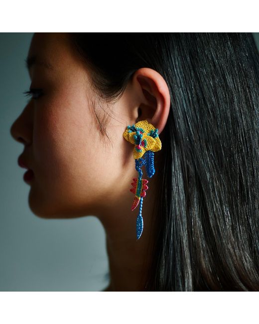Nana Watanabe Blue Garden Snake Floral Embroidered Earrings