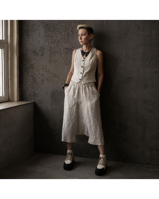 Jana Coshè Gray Neutrals Natural Linen Harem Pants With Relaxed Drop Crotch Fit