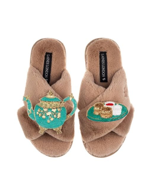 Laines London Green Neutrals Laines X Juliet Slippers With Tea & Scones Brooches