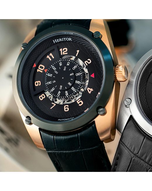 Heritor Daniels Semi skeleton Leather band Watch in Black for Men
