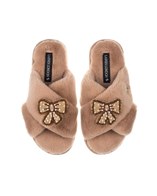 Laines London Brown Neutrals Classic Laines Slippers With & Pearl Beaded Pretty Bow Brooches