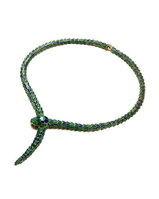 Genevive Jewelry Rachel Glauber Yellow Gold Plated With Emerald Cubic Zirconia Green Enamel Coiled Serpent Snake Stiff Collar Necklace