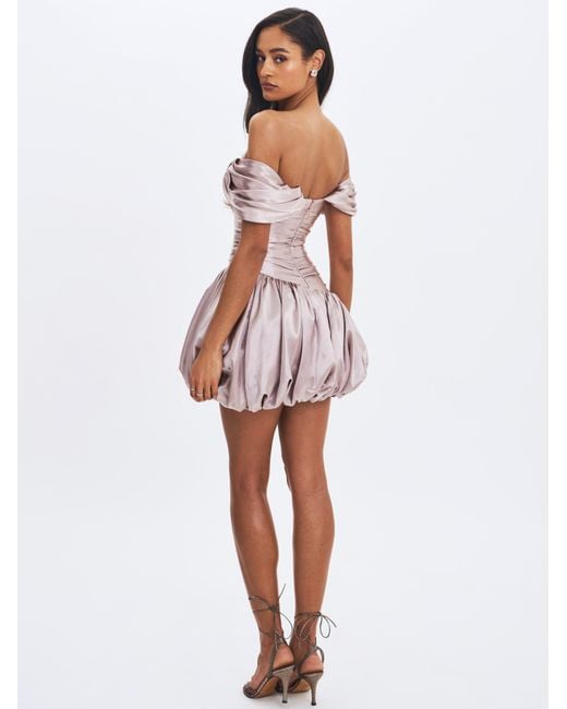 Miss Circle New York Gray Neutrals Milena Champagne Ruched Asymmetrical Bubble Mini Dress
