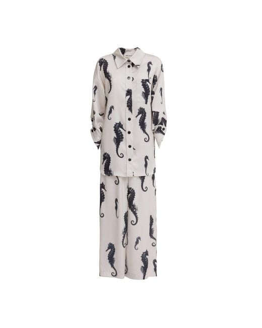 Julia Allert Gray Seahorse Print Paperbag Wide-Leg Palazzo Trousers – Ivory