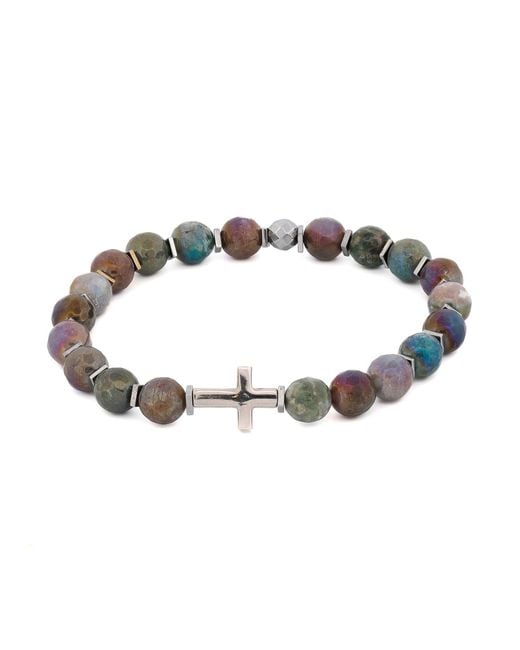 Ebru Jewelry Metallic Sterling Cross & Mystic Indian Agate Beaded Bracelet for men