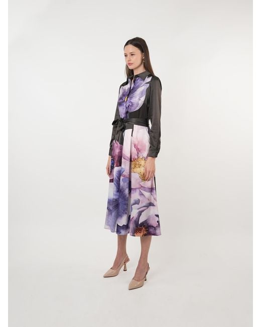 John Abgin Purple Satin Placement Print Floral Midi Shirt Dress