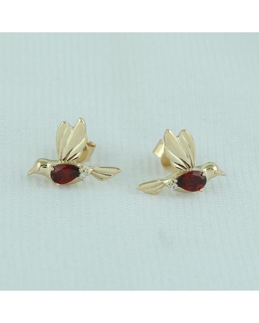 Artisan Metallic Garnet & Diamond Hammering Bird Stud Earrings