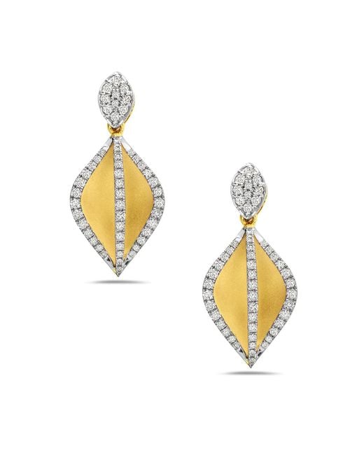 Artisan Metallic Yellow Gold Natural Diamond Leaf Dangle Earrings Handmade Jewelry