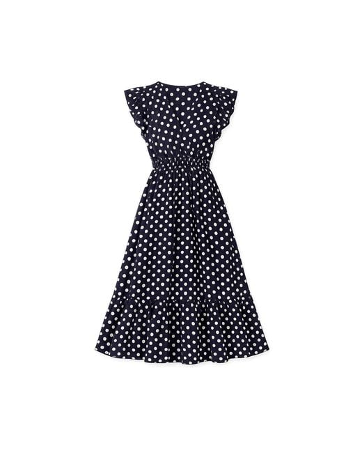 Yumi' Blue Spot Ruched Waist Midi Dress
