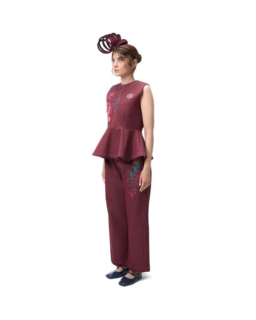 Rondooz Red Hand Painted Denim Peplum Top With Hand Applied Embellishment