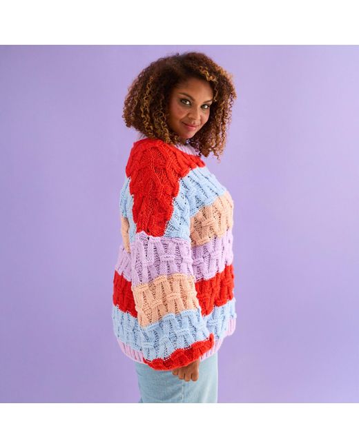 Cara & The Sky Red Mandy Criss-Cross Stitch Balloon Sleeve Stripe Jumper