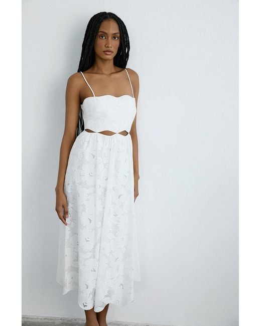 Rue Les Createurs White Thin Strap Midi Flared Dress