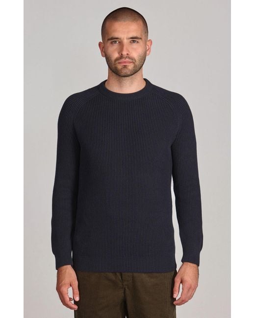 Paul James Knitwear Blue Midweight Cotton Logan Ribbed Crew Neck Jumper for men